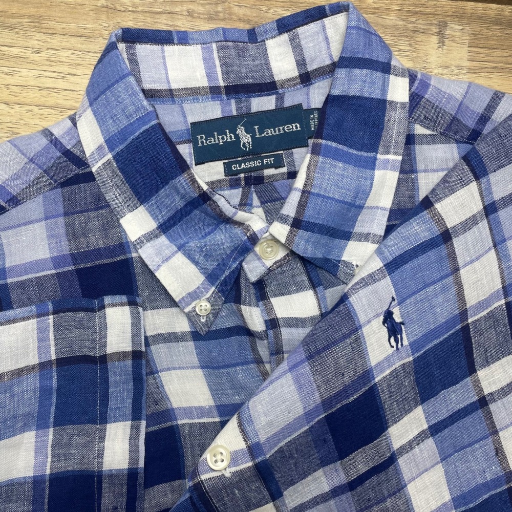 Ralph Lauren Mens Blue Plaid 100% Linen Short Sleeve Button Down Shirt Large‎